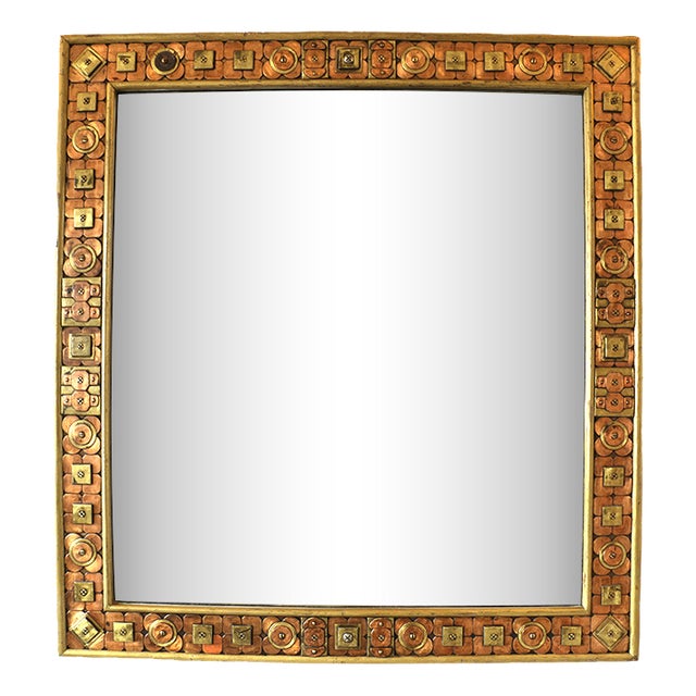 Large Square Mirror with Wooden Frame and Brass Trim, Italy, 1960s For Sale