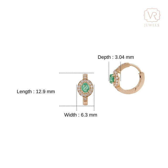 14k Yellow Gold Oval Natural Emerald Diamond Halo Hoop Earrings- 2 Pieces For Sale - Image 9 of 14