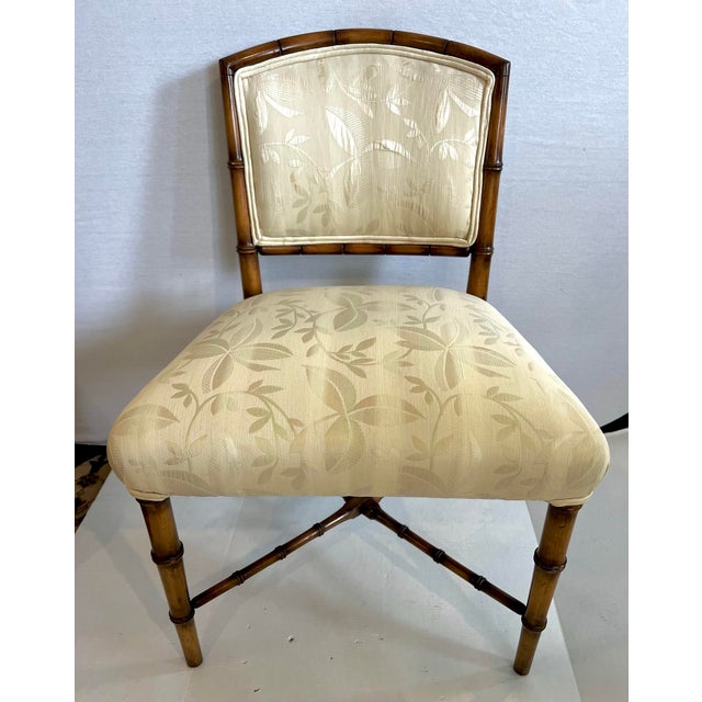Late 20th Century Set of 4 Chinoiserie Style Carved Bamboo Upholstered Dining Chairs For Sale - Image 5 of 11