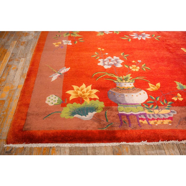 1920s Red Field Modern Floral Antique Chinese Knotted Wool Art Deco Carpet Rug For Sale - Image 4 of 11