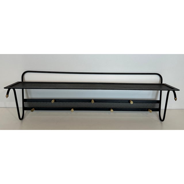 1950s Coat rack in black lacquered metal with perforated sheet metal and brass For Sale - Image 12 of 12