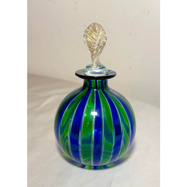 Vintage Hand Blown Italian Murano Green Blue Gold Glass Scent Perfume Bottle Jar For Sale - Image 10 of 11