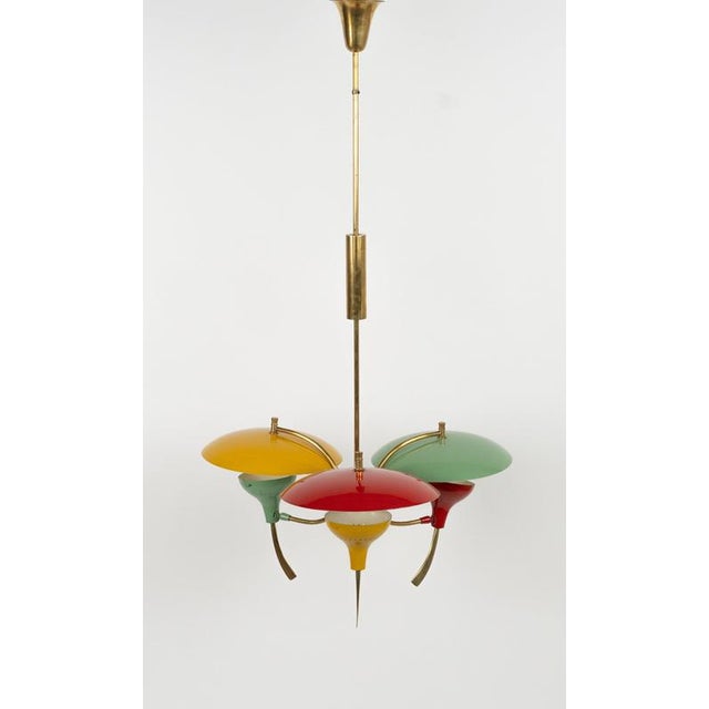 Mid-Century Chandelier in Enamel Metal and Brass in the style of Stilnovo, Italy, 1950s For Sale - Image 9 of 17