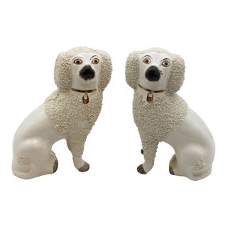 Circa 1891-1911 English Pair of Staffordshire Ceramic Poodle Dogs For Sale