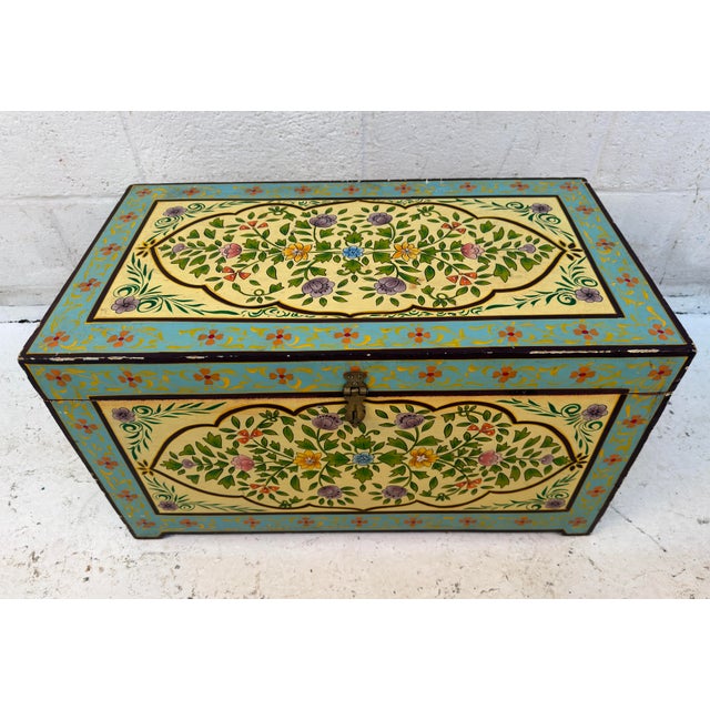 Vintage Hand-Painted Wooden Floral Folk Art Storage Trunk For Sale - Image 4 of 13