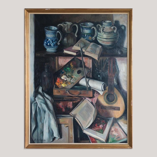 Modern Alberto Muñoz Boquera, Still Life with Guitar and Books, 1950s, Oil on Canvas For Sale - Image 3 of 13