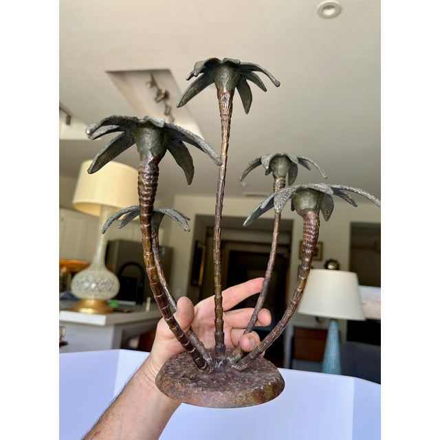 Metal Pair Patinated Tole Metal Palm Tree 5 Arm Candlestick Holders For Sale - Image 7 of 15