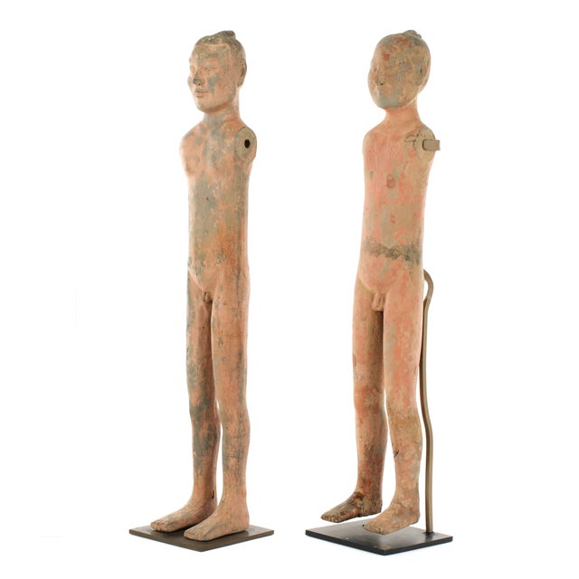 15th Century & Earlier Pair of Chinese Han Tall Slender Terracotta Figures For Sale - Image 5 of 9