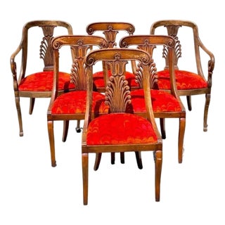 Mid 20th Century Italian Neoclassical Plume Carved Walnut Saber Leg Dining Chairs - Set of 6 For Sale