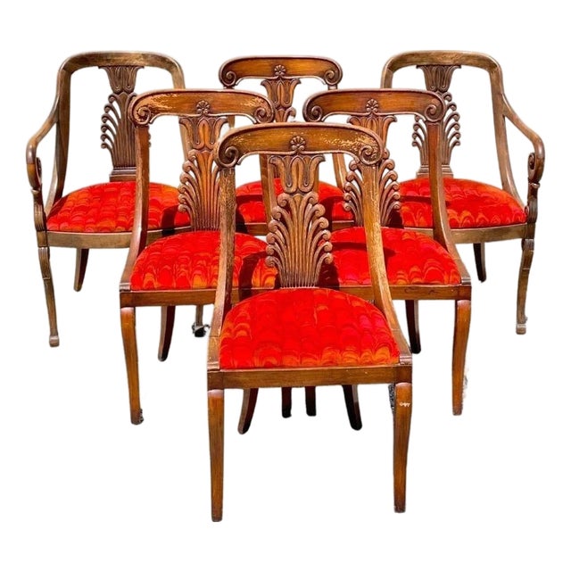 Mid 20th Century Italian Neoclassical Plume Carved Walnut Saber Leg Dining Chairs - Set of 6 For Sale