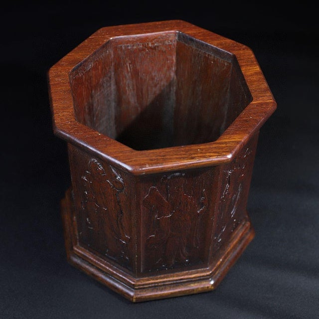 Vintage Chinese Huali Rosewood Brush Pot | Octagonal Carved Eight Immortals Motif For Sale In Los Angeles - Image 6 of 10