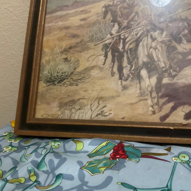 Native American Vintage Framed Western Narrative Print - Plains Indians Warriors on Horseback For Sale - Image 3 of 9