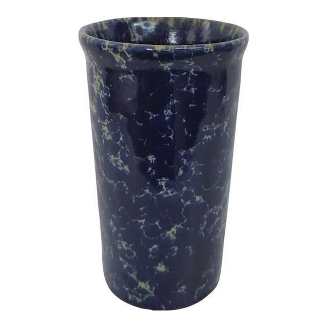 Mid-Century Modern Bennington Potters Agate Blue Spongeware Earthenware Pottery Vase Crock Signed 1398 Dg David Gil For Sale
