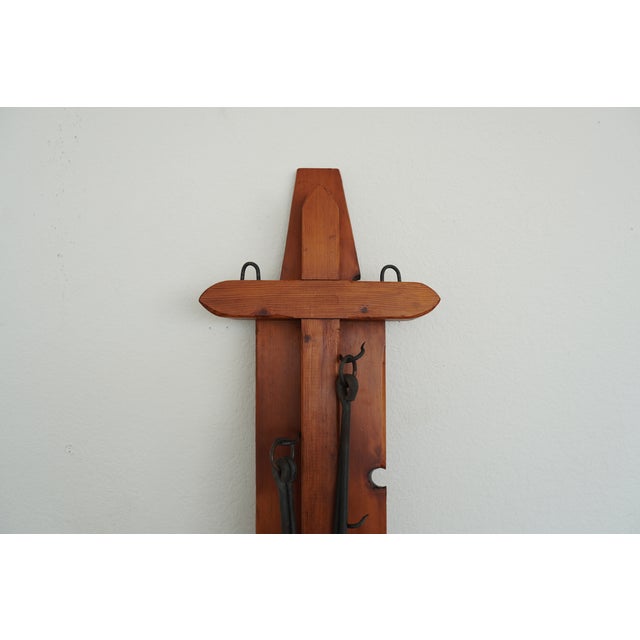 1900 - 1909 Vintage Rustic Wood & Iron Wall Pot Rack For Sale - Image 5 of 9