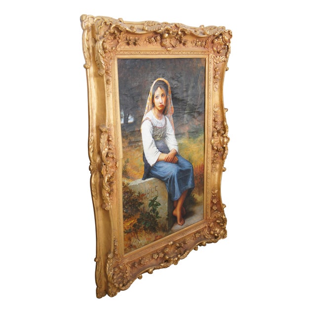 Realism Meditation After William Adolphe Bouguereau Oil on Canvas Seated Young Girl 48" For Sale - Image 3 of 12