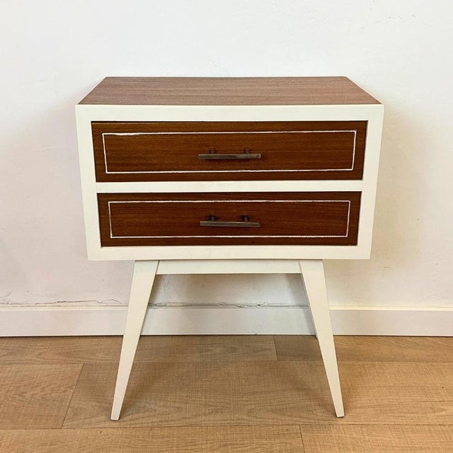 Vintage mid-century nightstand from the 1960s, made of beech wood and teak veneer. Restored in a combination of wood and...