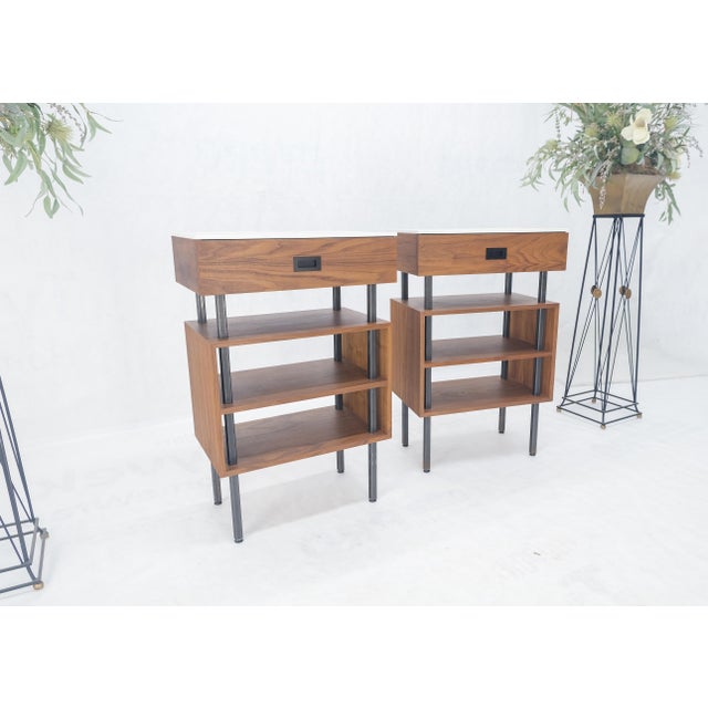 Wood Pair of Oiled Walnut 1 Drawer 3 Tier Side End Tables Stands Composite Top Mint! For Sale - Image 7 of 14