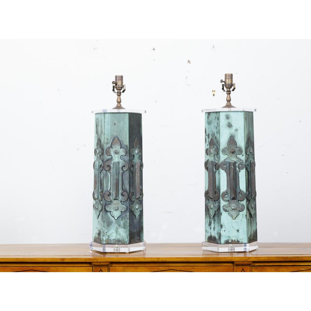 19th Century French Copper Table Lamps with Verdigris Patina - Pair For Sale In Atlanta - Image 6 of 10