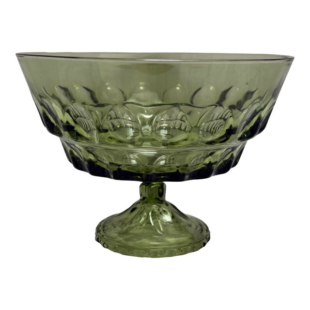 Midcentury Large Green Glass Pedestal Bowl For Sale