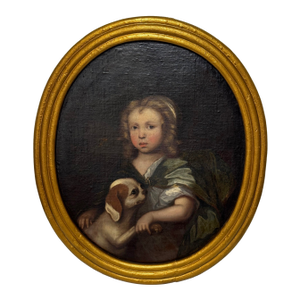 17th Century Oval Oil Painting an Endearing Bond Boy With His King Charles Spaniel Puppy Circle of Mary Beale