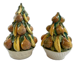 1970's Italian Trompe l'Oeil Majolica Pear Topiaries - A Pair