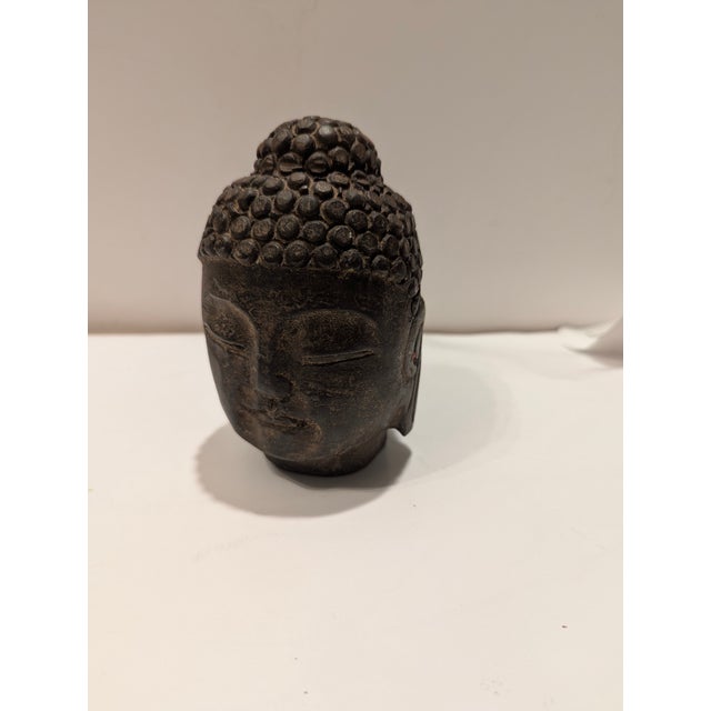Asian Antique Authentic Hand-Carved Black Stone Antique Buddha Head From Japan Circa 1900 For Sale - Image 3 of 11