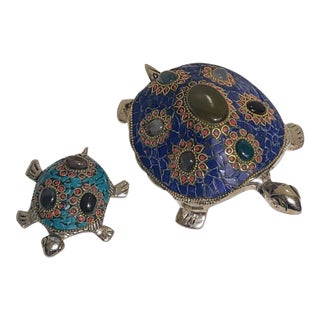 Pair of Mid 20th Century MetalworkTurtle Sculptures With Inlay Natural Stones For Sale