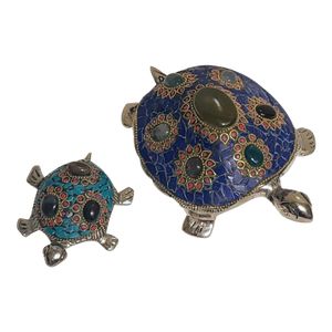 Pair of Mid 20th Century MetalworkTurtle Sculptures With Inlay Natural Stones