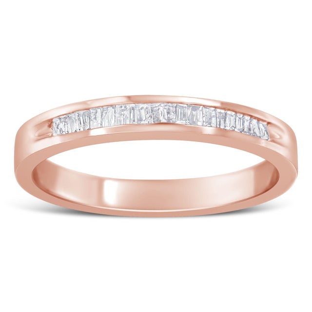 Contemporary 10K Rose Gold over .925 Sterling Silver 1/5 Cttw Diamond Channel-Set Stackable Band Ring (H-I Color, I1-I2 Clarity) - Size 6 3/4 For Sale - Image 3 of 7