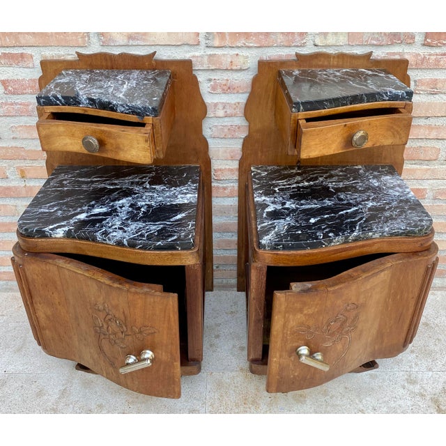 Pair of Art Deco Wood Bedside Tables With Marble Tops, Circa 1930 For Sale - Image 6 of 13