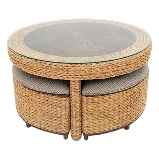 Round Woven Wicker Coffee/Game Table Set With Matching Nesting Stools Ottomans and Glass Top For Sale