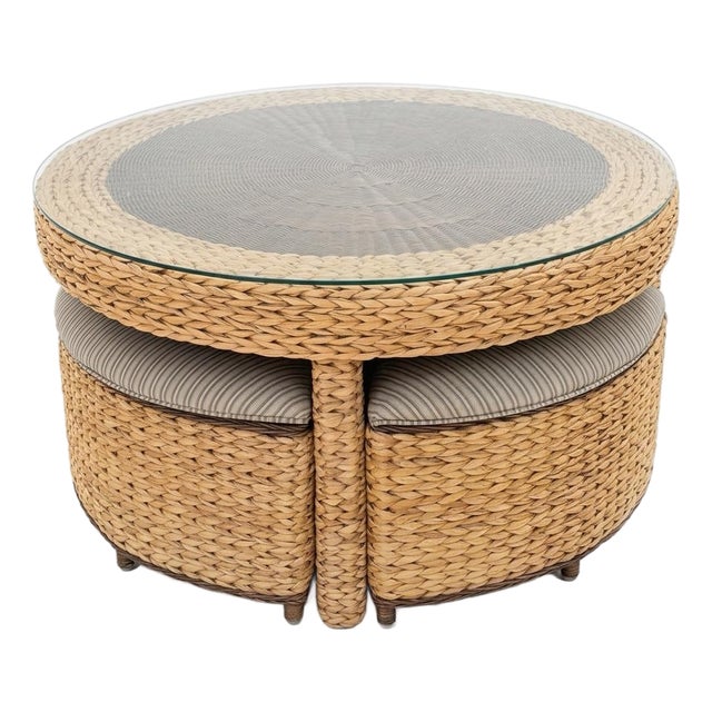 Round Woven Wicker Coffee/Game Table Set With Matching Nesting Stools Ottomans and Glass Top For Sale