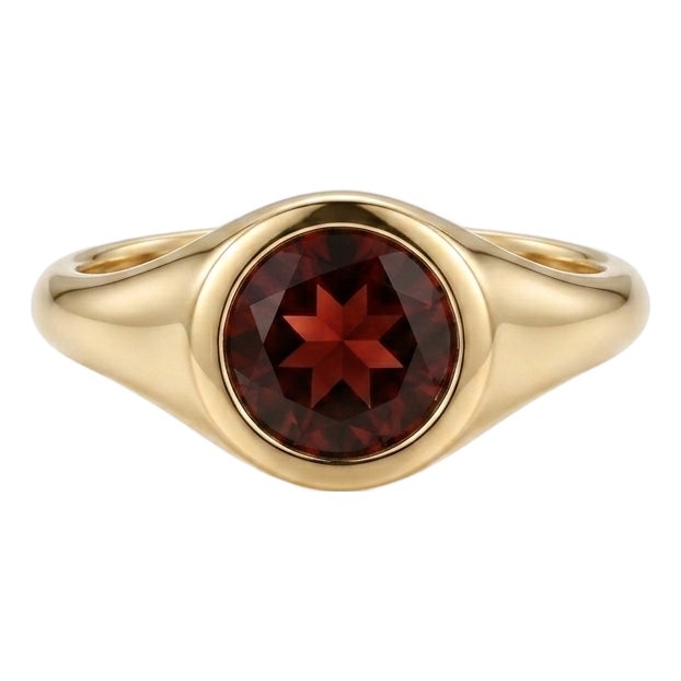 Natural Red Garnet Bezel Ring | 18k Yellow Gold Plated Minimalist Signet Ring | 6mm Round Gemstone Ring Us 7 For Sale