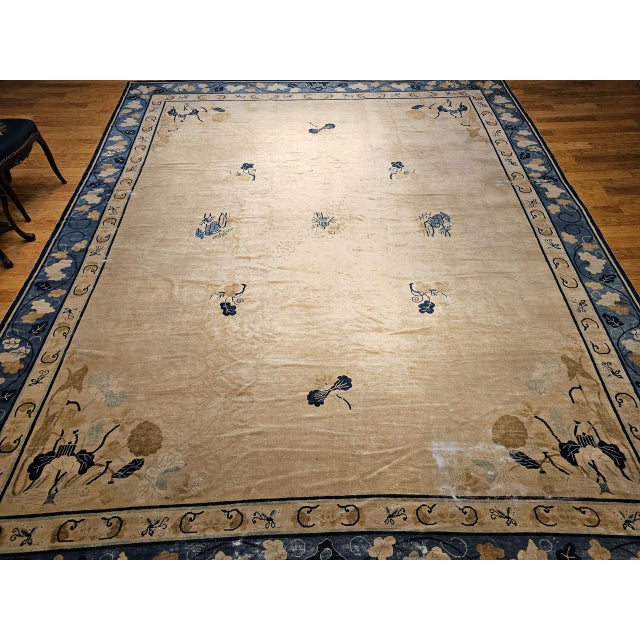 Art Deco 19th Century Antique Chinese Peking Rug, Handwoven Open Pattern, Tan & Blue, 12' X 14' For Sale - Image 3 of 17
