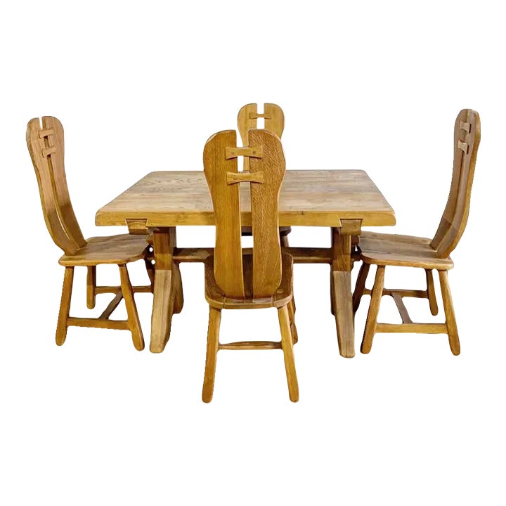 De Puydt Oak Brutalist Primitive Dining Chairs and Table Set | Chairish