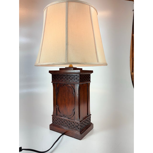 Vintage Wildwood Lamp Co., Chinese Chippendale Style Fretwork Wooden Tea Canister C. 1980' Table Lamps. For Sale - Image 10 of 12