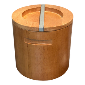 Vintage Mid-Century Modern Wooden Ice Bucket | Scandinavian Teak or Maple Barware With Metal Handle Lid