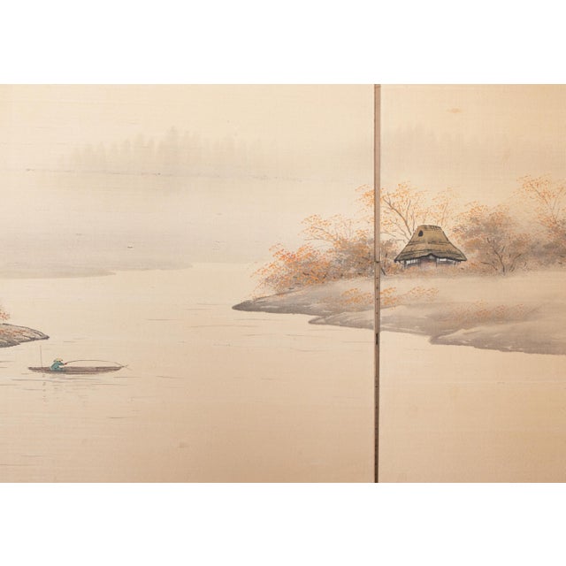 1960s Shōwa Era Japanese Silk Byobu Screen "Autumn Landscape With River" For Sale - Image 9 of 18