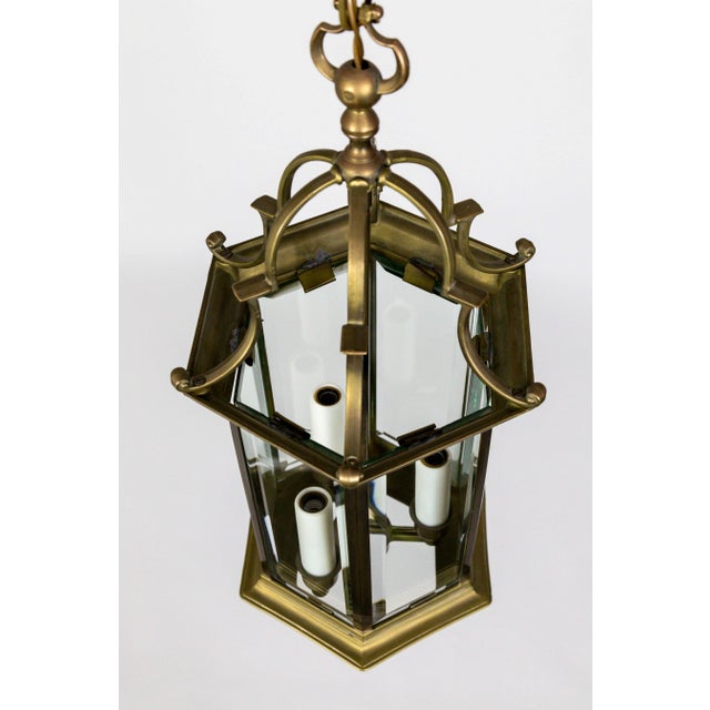 Neoclassical Mid-Century Italian Pagoda-Esque Bronze & Beveled Glass Lantern For Sale - Image 3 of 12