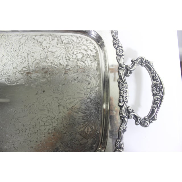 Extra Large Butler’s Tray Silver Plated Rectangular Platter Vintage Plate Ornate Floral Handles Embossed Serving For Sale - Image 12 of 15