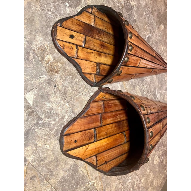 Boho Chic Vintage 1980s Large Burnt Scorch Bamboo Wall Pocket Vase Sconce - a Pair For Sale - Image 3 of 5