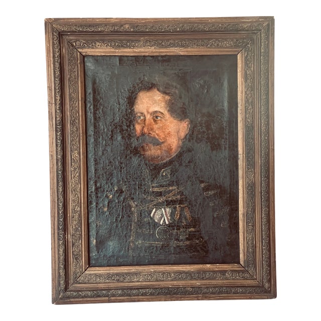 19 Th C Antique Austrian Military Portrait Framed Dark Academia Ia For Sale