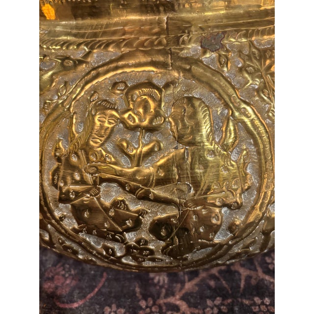 Brass Antique 19th Century Islamic Revival Brass Vessel | Egyptian Mamluk Style Repoussé Bowl | Sphinx Court Scenes 16” [Cm] For Sale - Image 8 of 12
