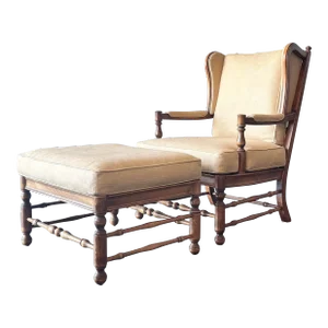 Late 20th Century Honeycomb Wood Frame Wingback Chair & Ottoman