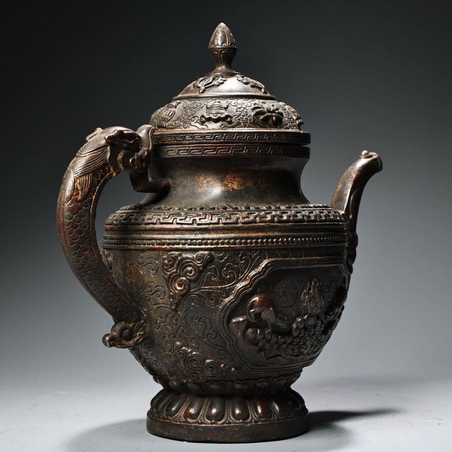 Late 20th Century Vintage Tibetan Style Copper Teapot - High Relief Repoussé Ewer With Dragon Spout For Sale - Image 5 of 10