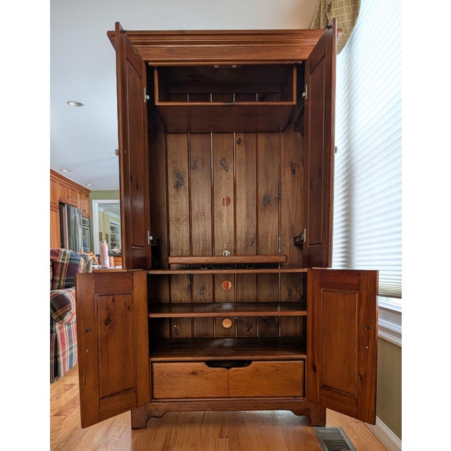 Rustic Wood Entertainment Armoire Cabinet – Traditional Style With Crown Molding & Paneled Doors For Sale - Image 4 of 13