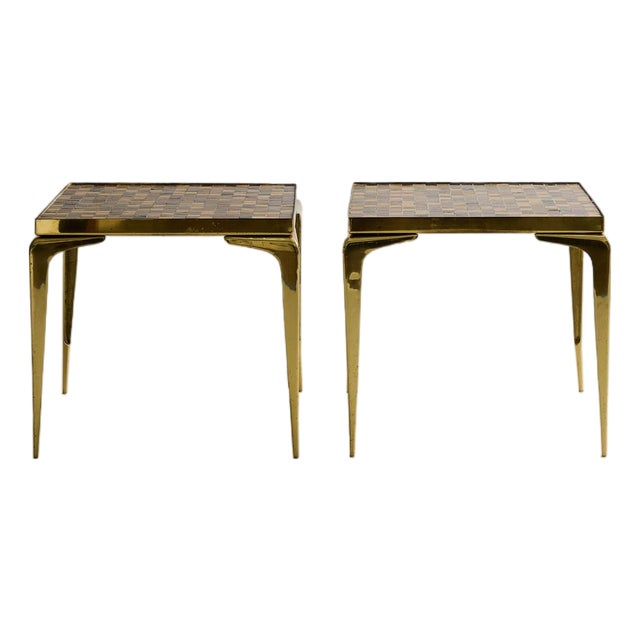 Vintage Mosaic Glass Top Side Tables With Brass Legs — Pair For Sale