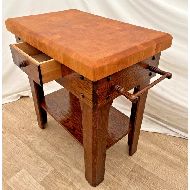 Vintage Butcher Block Carving Table Oak Base With Drawer Shelf End Cut Maple Top For Sale In Palm Springs - Image 6 of 15
