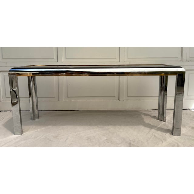 Postmodern 1970's Chrome and Brass Console With Mirrored Top Attributed to Paul Evans For Sale - Image 3 of 12