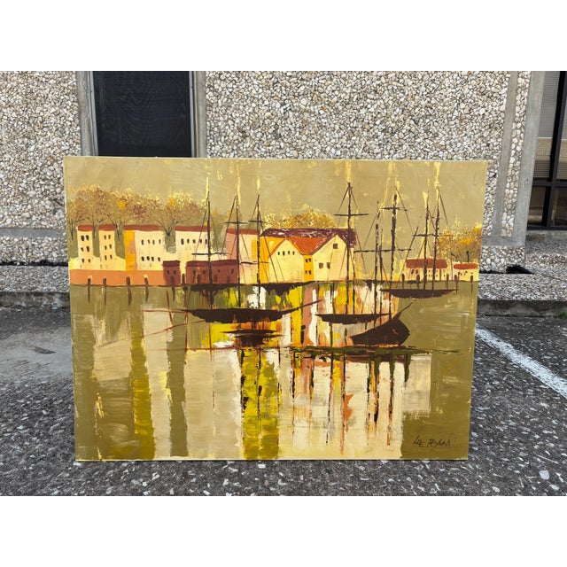 Oil On Canvas Signed Lee Reynolds. Offered is a stunning harbor scene oil on canvas in tones of golds, yellows and greens...